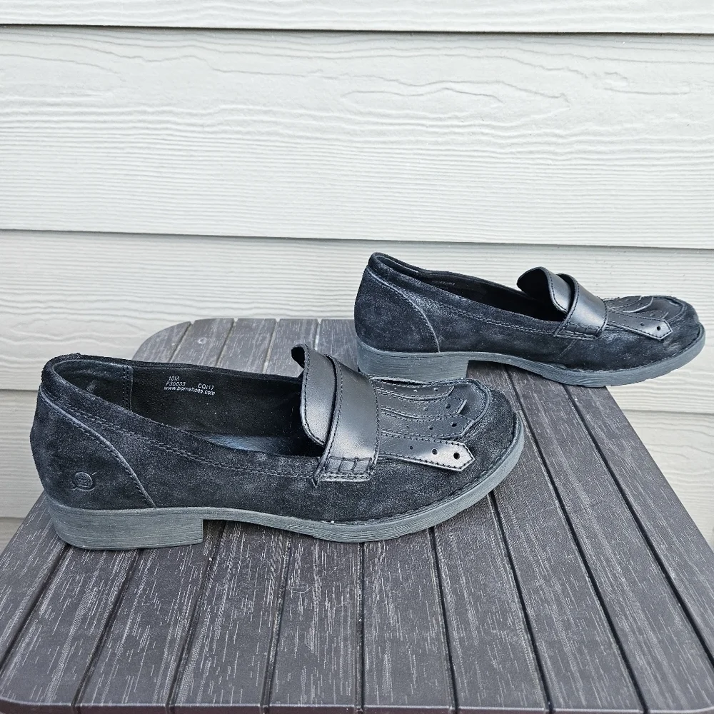 Born Black Suede Leather Penny Loafers with Fringe Slip On Shoes F3003 Womens 10